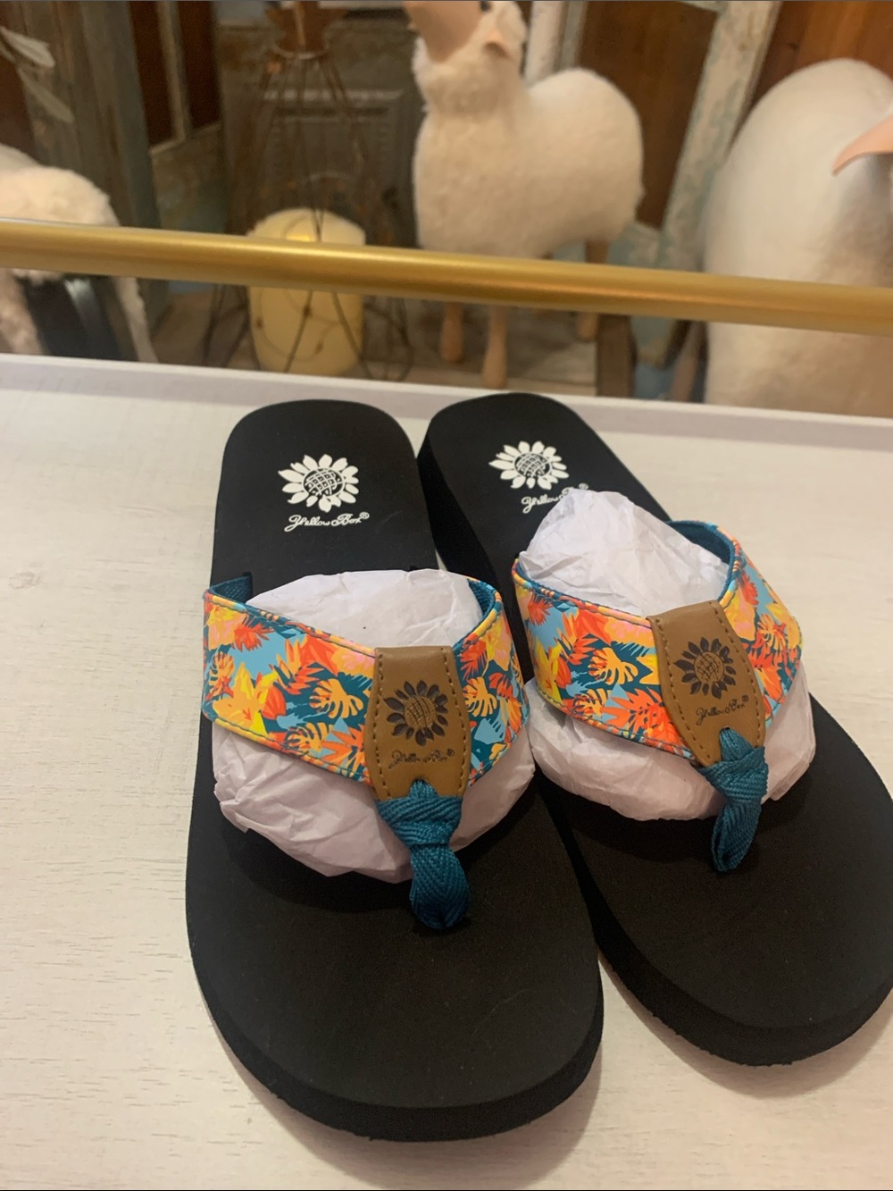 Yellow Box Floral Teal Strap Black Sandals